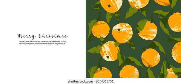 Christmas banner with fresh citrus fruit: mandarin, tangerine, orange, clementine. Winter or summer decoration. Xmas mood. Xmas and New 2022 Year. Vector flat cartoon illustration