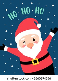 christmas banner with funny cartoon santa claus and lettering ho ho ho isolated on blue background, red santa hat and beard, great for christmas and new year design, vector illustration