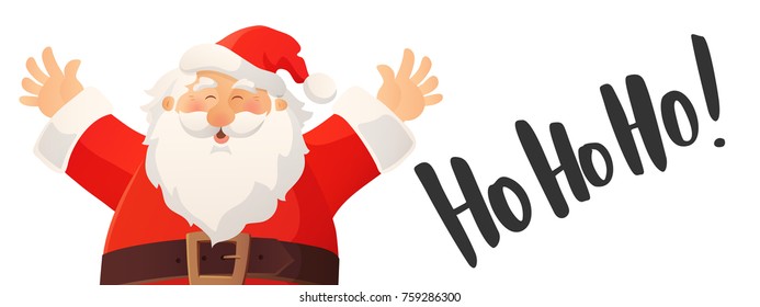 Christmas banner with funny cartoon Santa Claus. Ho-ho-ho hand drawn text. Red Santa hat and beard. Great for Christmas and New Year advertisings, flyers, headers, gift tags and labels