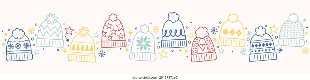 Christmas banner with funny hand drawn winter hats. Vector illustration