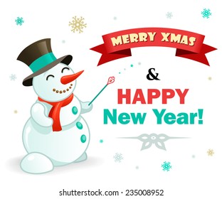 Christmas Banner: Funny Snowman and New Year Magic. Vector illustration