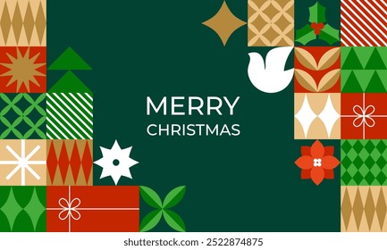 Christmas banner with geometric elements. Flat style. Template for winter holidays design. Vector illustration