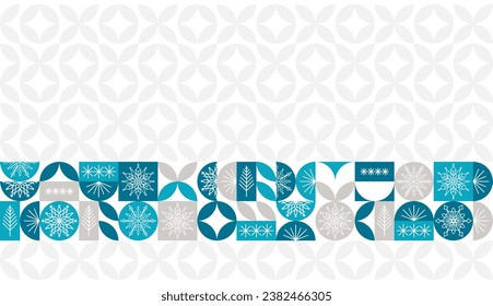 Weihnachtsbanner mit geometrischen Mustern in blauen Farben, Schneeflocken und Weihnachtsbäumen