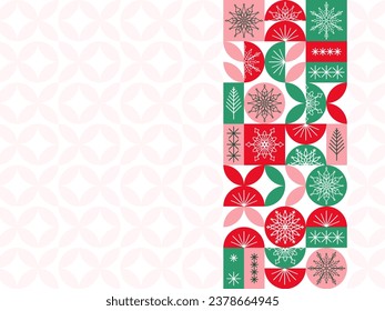 Cartel de Navidad con un patrón geométrico en colores rojo y verde, copos de nieve y árboles de Navidad