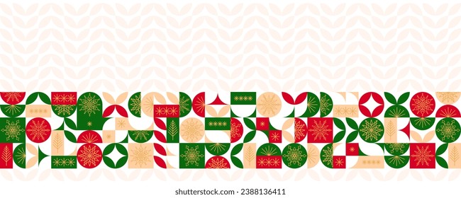 Christmas banner with geometric pattern in red and green colors, snowflakes and Christmas trees