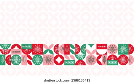 Cartel de Navidad con un patrón geométrico en colores rojo y verde, copos de nieve y árboles de Navidad