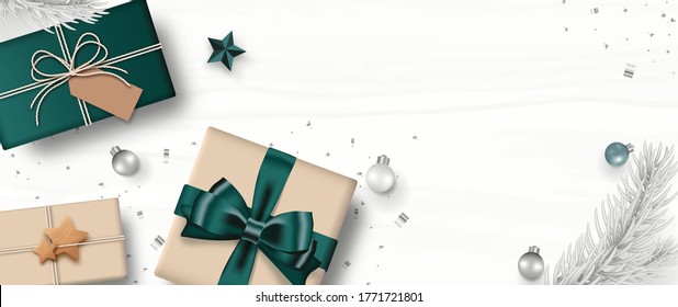 Christmas banner. Gift box craft style, Christmas ball, Star, pine branch, and confetti, isolated on white wooden background. Xmas background. Top view. Vector illustration.