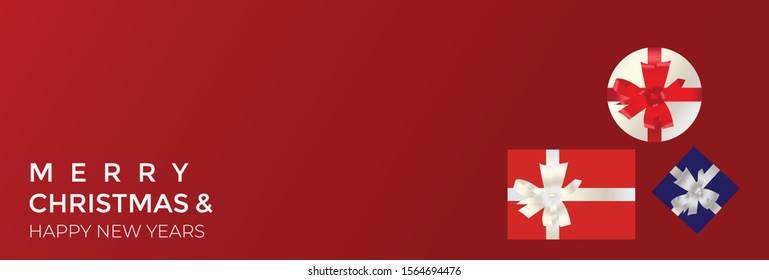 Christmas banner with gift box and pine tree isolated on red background
