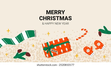 Christmas banner with gift box and winter decor. Background Xmas decor objects viewed from above. Text Merry Christmas and happy New Year. Vector illustration