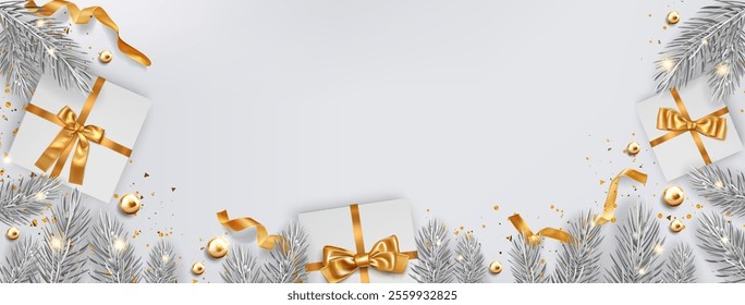 Christmas banner with gift boxes and holiday wreath on white background. Vector realistic illustration of fir tree branches decorated with glass balls, presents with golden ribbon bows, X-mas card