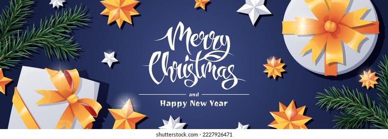 Christmas banner with gifts, gold and white stars and fir branches. Festive background with Christmas decoration on a blue background. Vector winter illustration