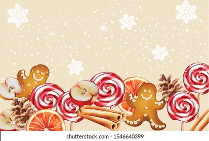 Christmas banner with gingerbread cookie, orange slices, half apple, conifer cone and cinnamon sticks. Snow falling Holiday snacks vector
