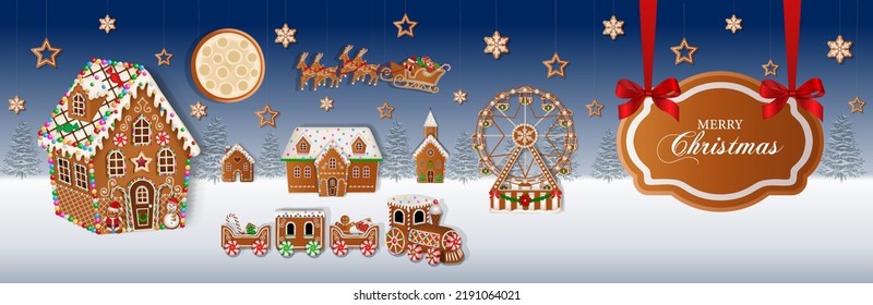 christmas banner with gingerbread cookies. christmas landscape with gingerbread house, train and ferris wheel