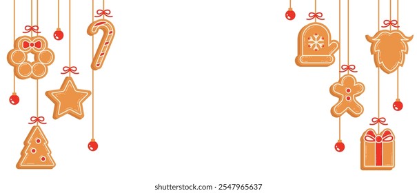 Christmas banner with gingerbread garland. Cute cookies with icing and Christmas tree balls. Merry Christmas banner. Idea for Postcards, Banners, Posters, Greetings, Invitations. Vector illustration