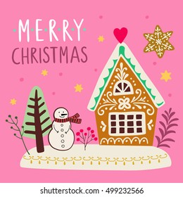 Christmas banner with gingerbread house, snowman and tree. 