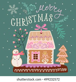 Christmas Banner With Gingerbread House, Snowman And Tree. Vector Illustration