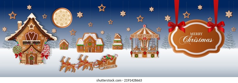 christmas banner with gingerbread landscape. christmas background with gingerbread house, santa sleigh and carousel