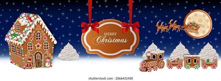 christmas banner with gingerbread landscape. christmas landscape with gingerbread house, train and sleigh