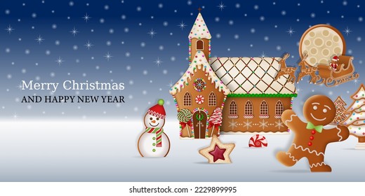 christmas banner with gingerbread man and church. christmas card with gingerbread landscape