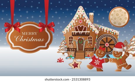 Weihnachtsbanner mit Lebkuchenmühle. Weihnachtsgrußkarte mit Keksen und Bonbons