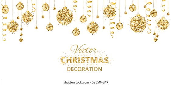 Christmas banner with glitter golden decoration. Hanging balls and ribbons isolated on white. Great for greeting cards, party posters, banners, flyers, headers. Eps10 vector illustration.