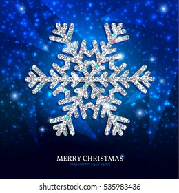 Christmas banner with glowing silver snowflake on a dark blue background. Happy New Year poster.