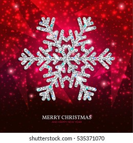 Christmas banner with glowing silver snowflakes on a dark purple background. Happy New Year poster.
