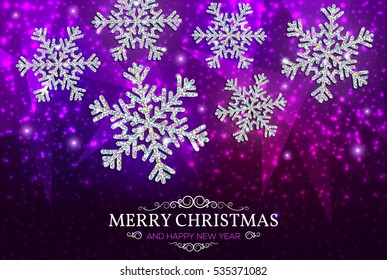 Christmas banner with glowing silver snowflakes on a dark purple background. Happy New Year poster.