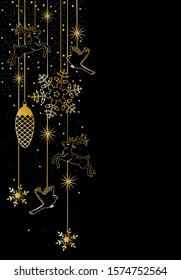 Christmas banner with a gold garland on a black background. Vector graphics.