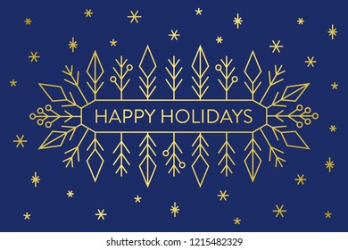Christmas banner, gold geometric snowflakes and shapes on dark blue background with text Happy Holidays, greeting card design template