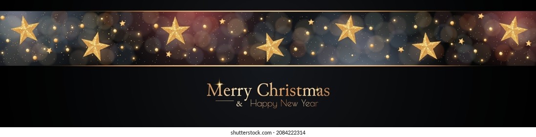 Christmas banner with gold glitter snowflakes, stars and magic bokeh. Vector illustration