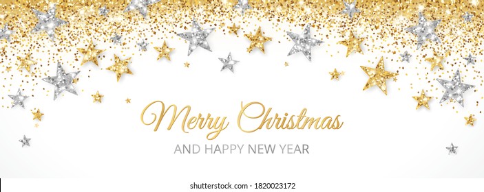 Christmas banner with gold and silver decoration. Festive border with falling glitter dust and stars. Holiday vector background. For Christmas and New Year cards, headers, party posters.