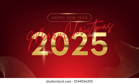 Estandarte de Natal, cartaz de texto de tipografia dourada no prêmio vermelho e design de vetor mínimo de luxo com onda de linha dourada para feliz ano novo 2025