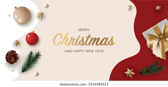 Banner de Natal com caixa de presente de arco dourado, estrelas, bola de decoração Noel, folha de pinho, cone e bola de neve. Modelo de fundo vermelho, bege e branco, ilustração vetorial 3d realista para cartão de saudação, web