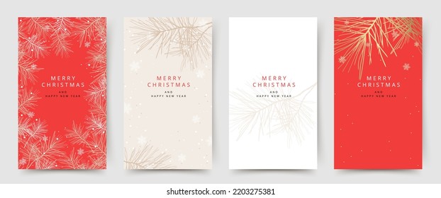 Christmas banner with golden branches of christmas tree and snowflakes. Winter holidays backgrounds for social media stories post. Vector templates for greeting card, invitation, ad, mobile apps