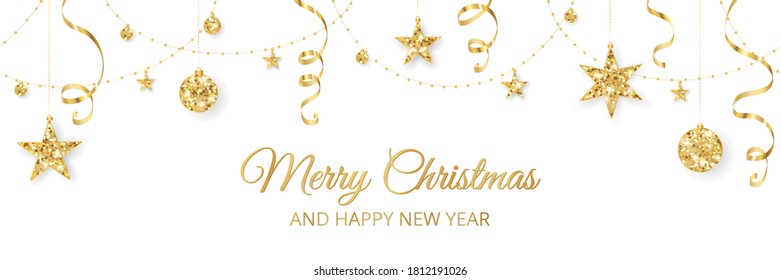 Christmas banner with golden glitter decoration. Holiday border, frame isolated on white. Festive vector background. Garland with stars, beads and streamers. 