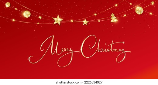 Christmas banner. Golden glitter decoration on red background. Hand written Merry Christmas text. Holiday border, vector frame. Festive garland with stars. For New Year cards, headers, party flyers