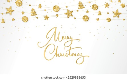 Christmas banner. Golden glitter decoration. Merry Christmas calligraphy. Holiday border, frame. Festive vector background. Garland with stars and trees. For New Year cards, headers, party flyers.