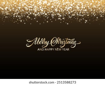 Christmas banner. Golden glitter lights on black background. Merry Christmas calligraphy text. Luxury decoration, confetti frame. For Christmas Sale, new year party posters, headers. Vector.