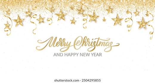 Christmas banner. Golden glitter stars decoration. Merry Christmas calligraphy text. Luxury holiday background, confetti frame. For Christmas Sale advertising, new year party posters, headers. Vector.