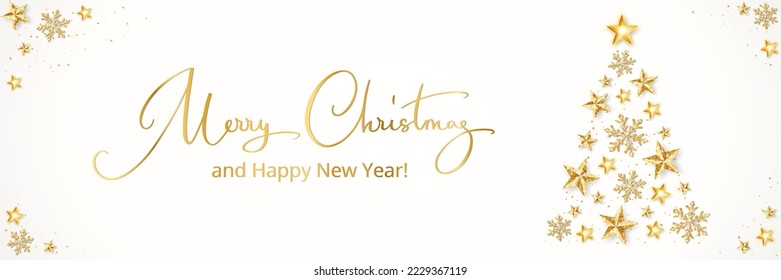 Christmas banner with golden glitter Christmas tree. Fir tree made of stars and snowflakes. Merry Christmas hand written calligraphy. Holiday background for new year headers, party posters. Vector.