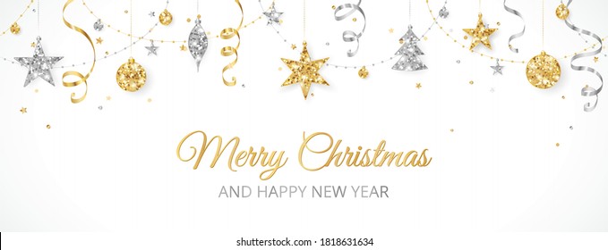 Christmas banner with golden and silver glitter decoration. Holiday border, frame isolated on white. Festive vector background. Garland with stars, beads and streamers. 