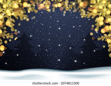 Christmas banner golden snowflakes. Gold glitter and bright bokeh. Dark forest on New Year's Eve with falling snow. Realistic illustration. Vector.