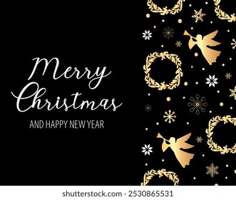 Christmas Banner with Golden and white Decoration with angels and snowflakes. Merry Christmas and Happy New Year. Vector graphics