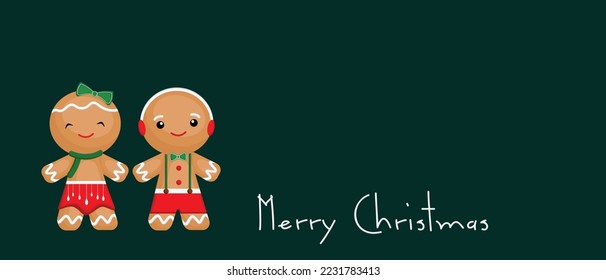Christmas banner. Green background of gingerbread man Xmas design. Horizontal new year poster, greeting card, and headers for the website.