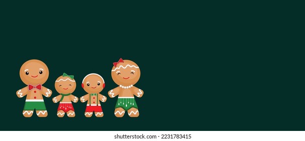 Christmas banner. Green background of gingerbread man Xmas design. Horizontal new year poster, greeting card, and headers for the website.