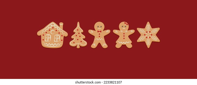 Christmas banner. Green background of gingerbread man Xmas design. Horizontal new year poster, greeting card, and headers for the website.