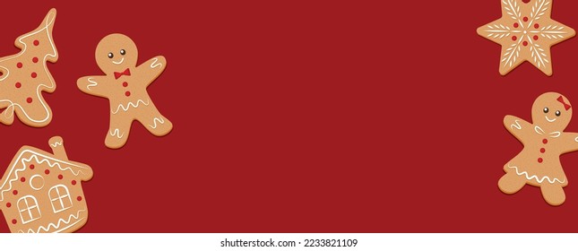 Christmas banner. Green background of gingerbread man Xmas design. Horizontal new year poster, greeting card, and headers for the website.