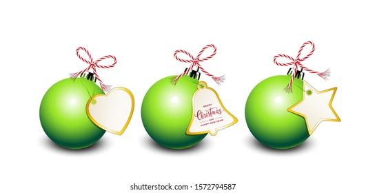 Christmas banner, green Christmas balls with card, gold stars and ribbon bow,
Vector illustration isolated on white background
