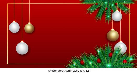 Weihnachtsbanner, grünes Blatt mit rotem und weißem Ball, goldener, roter Hintergrund